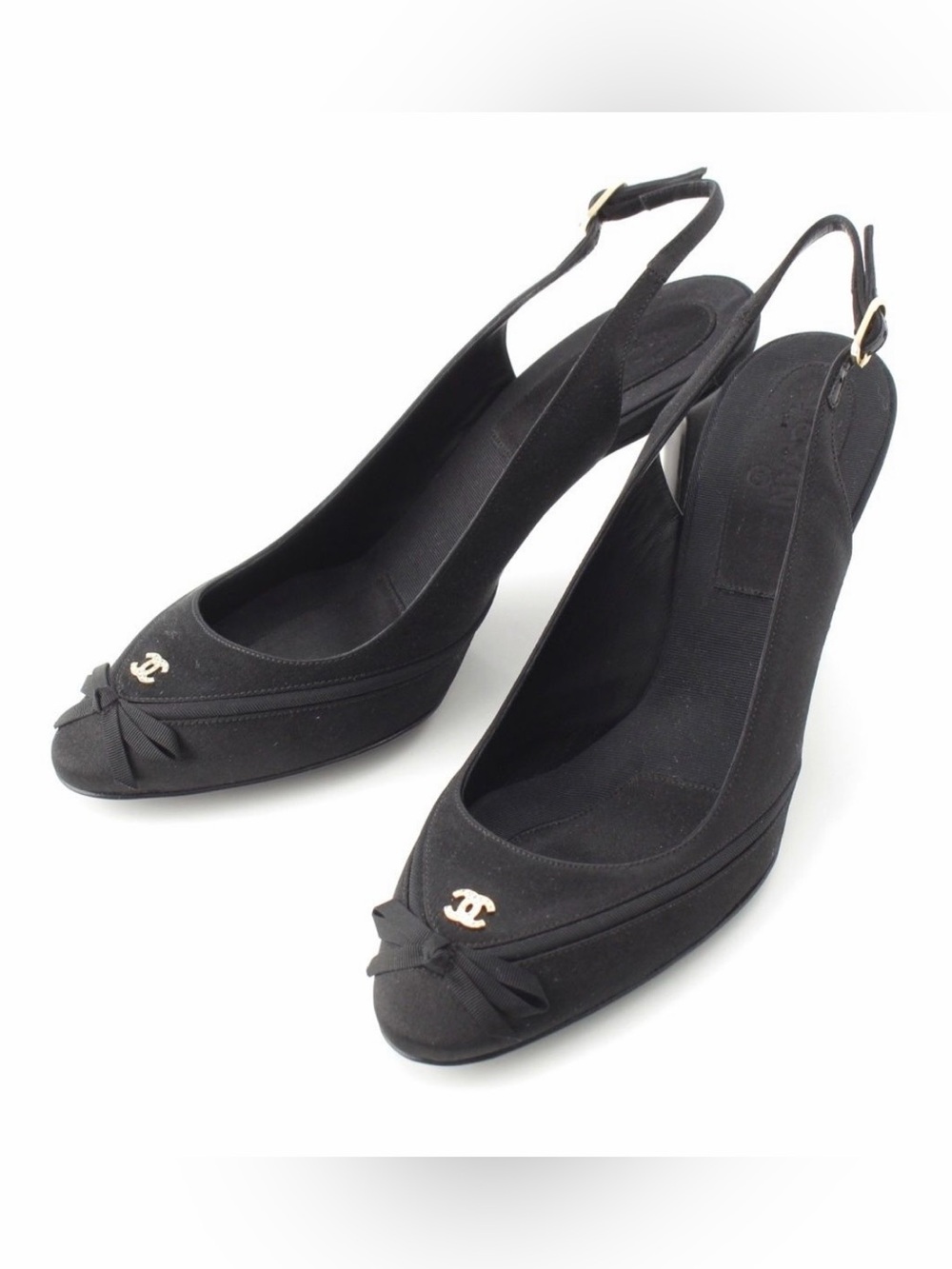CHANEL CC Logo Bow Satin Sling back Heels / EU 37 / Full Set / Like New